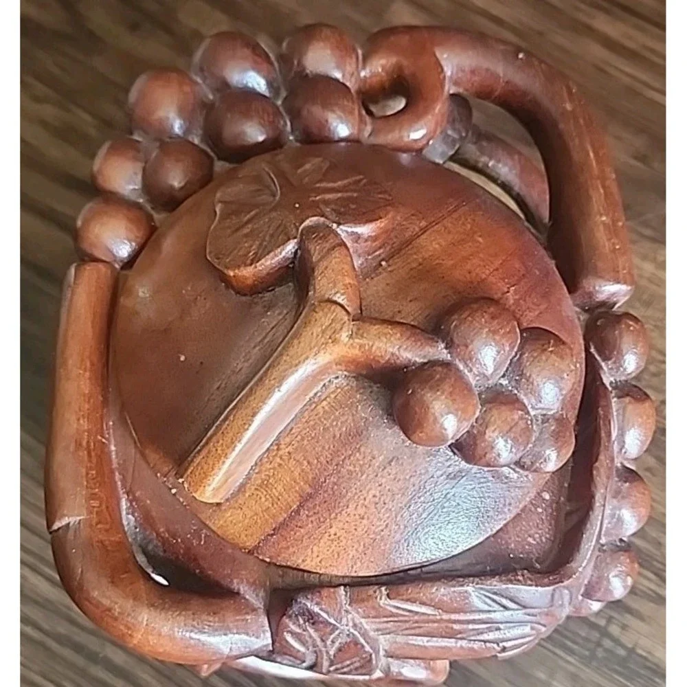 Vintage Trinket Hand Carved Wooden  Bowl Fruit Grapes  Leaves Dark Wood